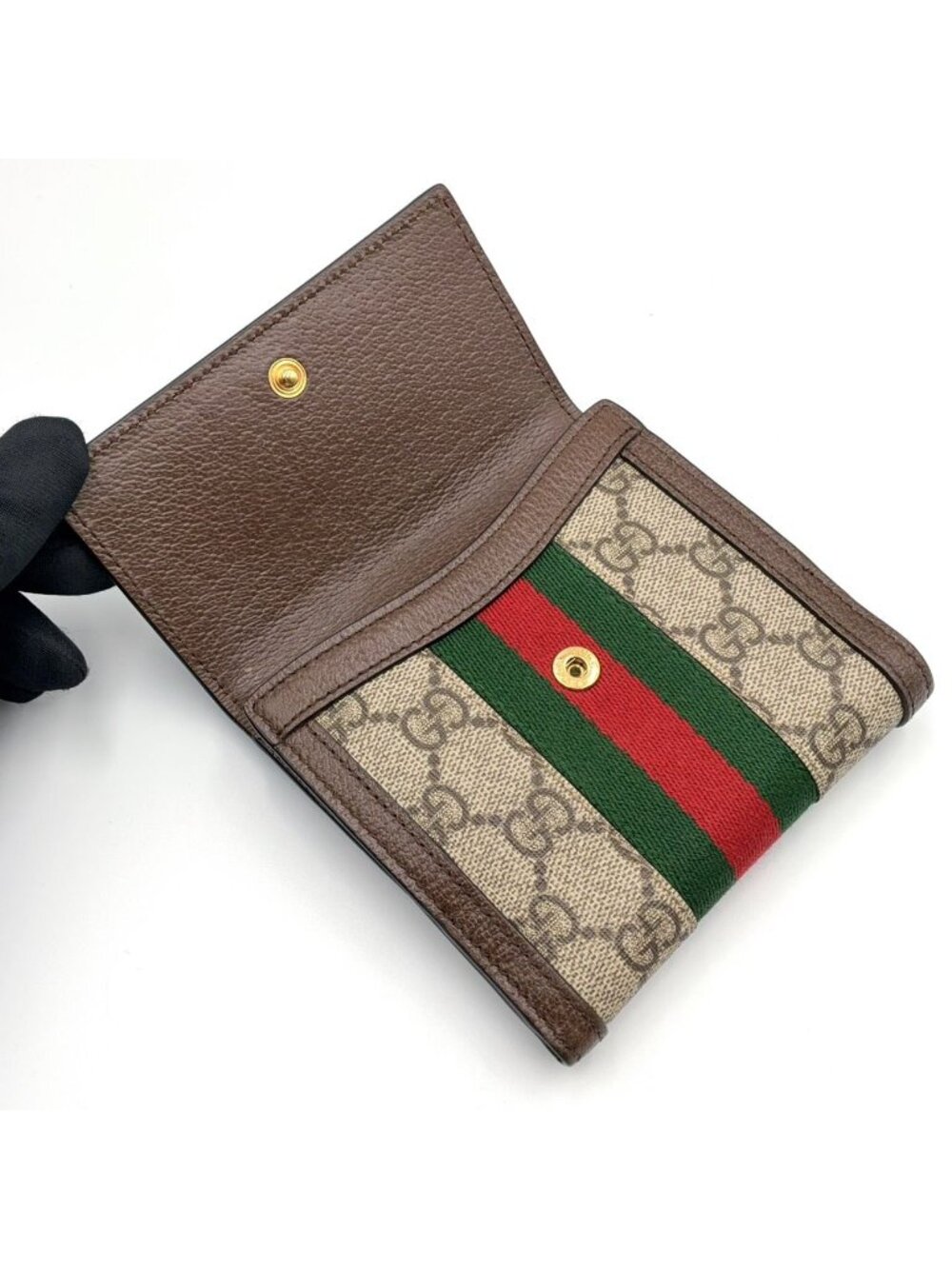 Gucci Ophidia GG French Flap Wallet Leather Brown Beige Bifold Gold - Picture 9 of 14